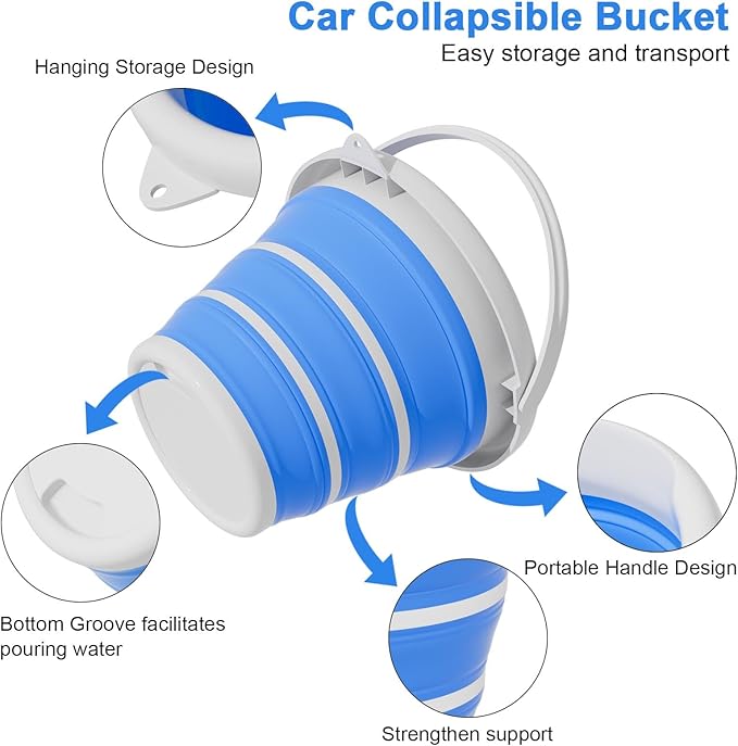 Collapsible Car Wash Bucket with Microfiber Mitt, 10L (2.6 Gallon) Portable Water Bucket with Handle for Car Wash Household Cleaning, Multiuse Collapsible Water Bucket and Car wash mitt - Blue