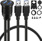 BATIGE 2 Ports Dual USB 3.0 Male to USB 3.0 Female AUX Flush Mount Car Mount Extension Cable for Car Truck Boat Motorcycle Dashboard Panel -3ft