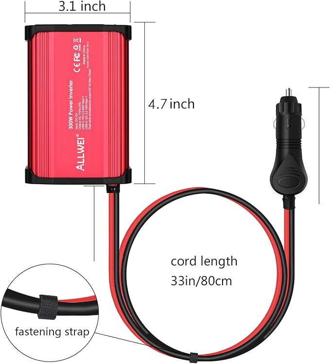 ALLWEI 300W Power Inverter DC 12V to 110V AC, Compact Car Plug Adapter Outlet with 65W PD USB-C &18W USB-A Fast Charging, Cigarette Lighter Adapter Car Charger for Phone, Laptop on Road Trip - Red