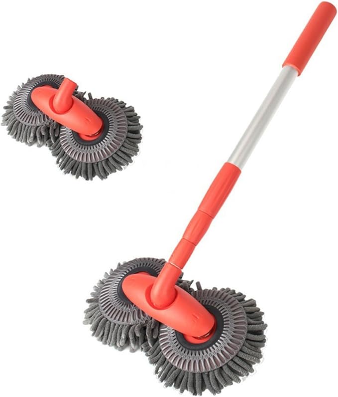 Retractable Double Head Car Wash Brush 360° Rotating Long Handle Car Cleaning Kit Brush Chenille Microfiber Car Wash Mop Not Hurt Paint Scratch Free((Single Set + 1 Spare Brush Head)