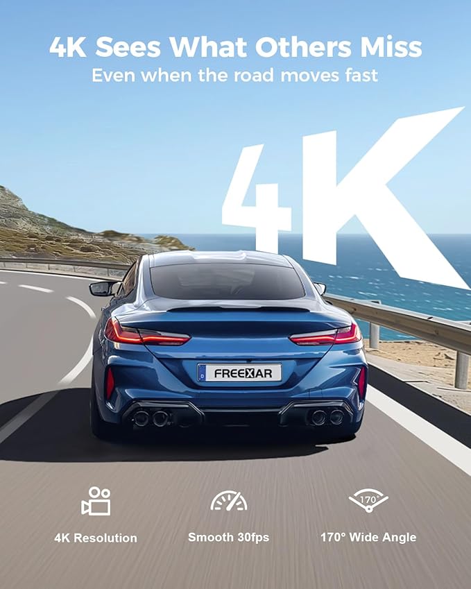 4K 360° Dash Cam, 4 Channel Dashcam Front and Rear Inside & Outside with WiFi, GPS, Parking Mode, Voice Control, Car Protection for Safer Driving, Teens, Road Trip, Travel, Family & Vanlife