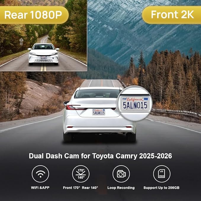 Fitcamx Front 2K+Rear 1080P Dash Cam for 2025-2026 Toyota Camry LE SE XLE XSE Nightshade (HD2-06090), OEM Style, Dual HD Video, Built-in WiFi & APP, Loop Recording, G-Sensor, Easy to Set, 64GB Card