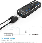 USB 3.0 Hub, RSHTECH 7 Port Powered USB Hub Expander Aluminum USB 3.0 Data Port hub with Universal 5V AC Adapter and Individual On/Off Switches USB Splitter for Laptop and PC(Black) (Pack of 2)