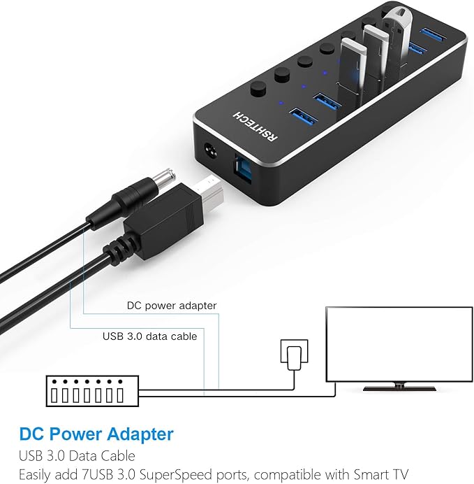 USB 3.0 Hub, RSHTECH 7 Port Powered USB Hub Expander Aluminum USB 3.0 Data Port hub with Universal 5V AC Adapter and Individual On/Off Switches USB Splitter for Laptop and PC(Black)