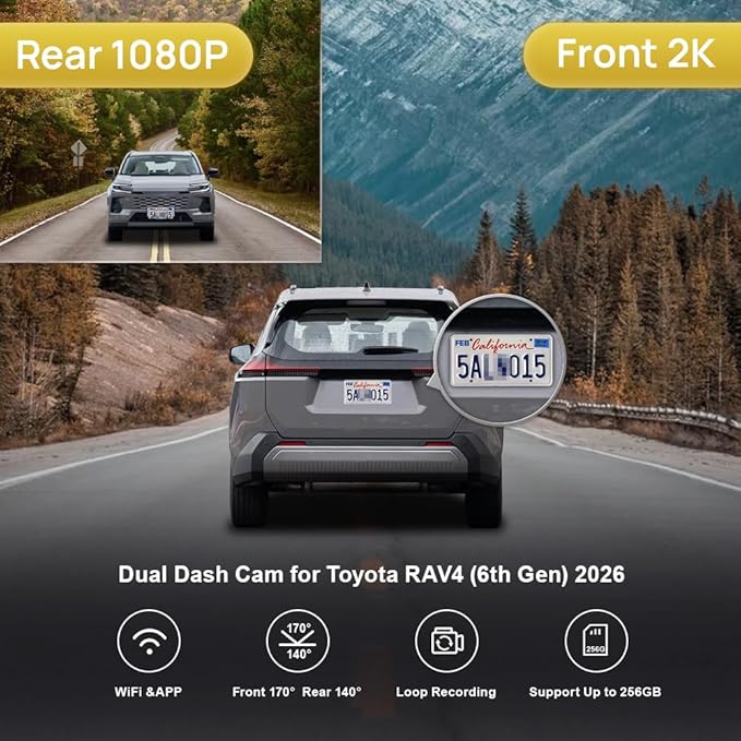 Fitcamx Front 2K+Rear 1080P Dash Cam for 2026 Toyota RAV4 & Plug-in Hybrid, Gen6 (HD2-6816), Integrated OEM Style, Dual HD Video, WiFi & APP, Loop Recording, Gravity Sensor, Easy to Set, 64GB Card