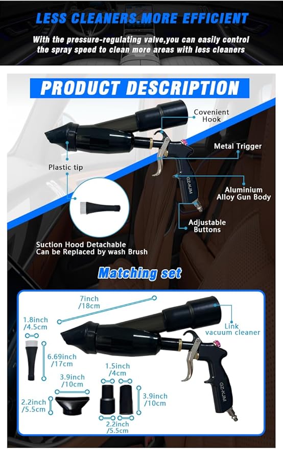 Car Cleaning Gun High Pressure Air Blow Gun with Suction Hood Detailing Interior Dryer Blower Gun Auto Detailing Kit Tools for Quickly Blasts Dirt and Dust from Surface