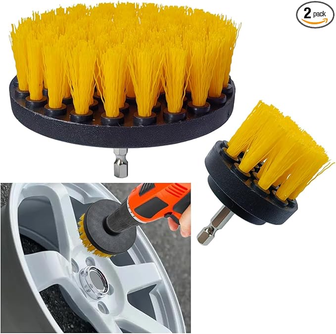 ZIMISI 2PCS Car Detailing Drill Brush Set, 2" & 4" Power Carpet Scrubber, Nylon Bristle Wheel Cleaner Brush with Drill Attachment, Car Wash Cleaning Kit for Floor Mats, Bathroom (Yellow)