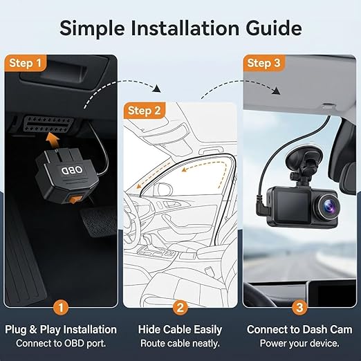 OBD2 Power Cable for Dash Camera, Mini OBD Adapter with 24-Hour Parking Mode, Acc Mode, Low Voltage Protection, 11.48FT Cable for Dash Cams, GPS,DVR and More 2V-36V to 5V/3A Charger