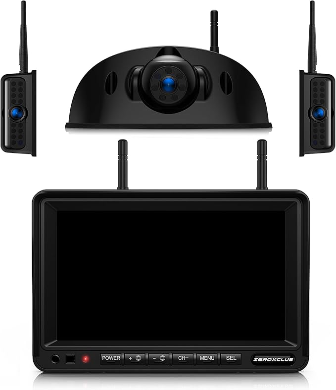 ZEROXCLUB 3-Camera Wireless RV Backup Camera System with 7-Inch Monitor, 1 Rear Sharkfin, 2 Side Cameras, DVR Monitor & IR Night Vision, IP69K Waterproof, Compatible with Furrion Pre-Wired RV Trailer