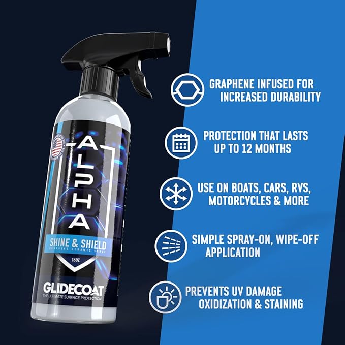 Glidecoat ALPHA Shine & Shield Graphene Ceramic Spray - 16oz - Graphene-infused Spray Sealant for Cars, Boats, RVs and Motorcycles - Up to 12 Months UV Protection, Gloss, and Hydrophobics