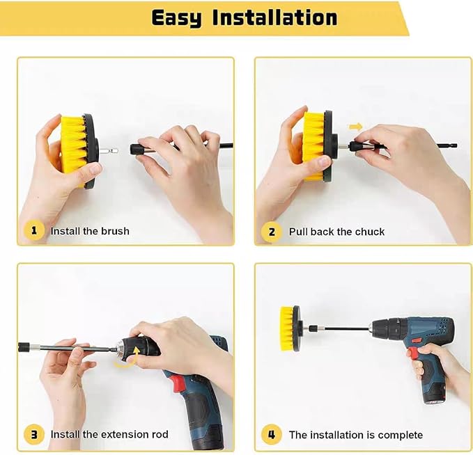 7-Piece Drill Brush Attachment Set, Multi-Purpose Power Scrubber Kit with Extension Rod – Nylon Bristle Brushes for Car, Bathroom, Tile, Grout Cleaning (Fits Most Handheld Drills)