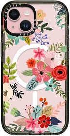 CASETiFY Impact iPhone 15 Case [Slim/Compatible with Magsafe / 8.2 ft. 4X Military Grade Drop Protection] - Floral Collage - Clear Black