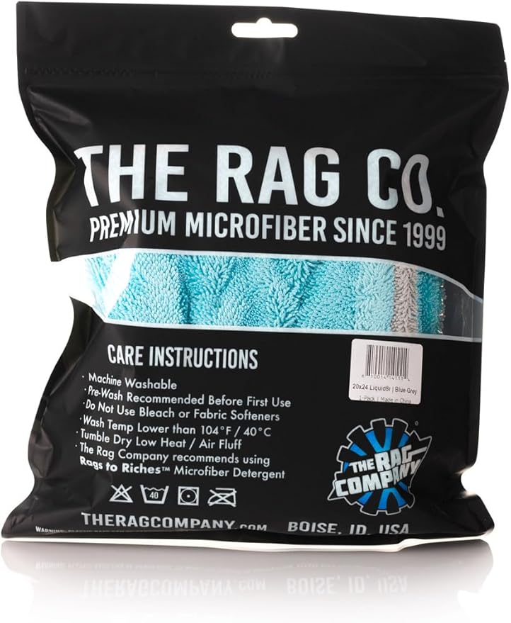 The Rag Company, The Liquid8r, Absorbent 70/30 Blend Microfiber Drying Towel for Cars, Trucks, and SUVs, Safe for Detailing, Scratch-Free, Twist Loop, 1100 GSM, 20x24 Inches, Aqua Blue/Grey