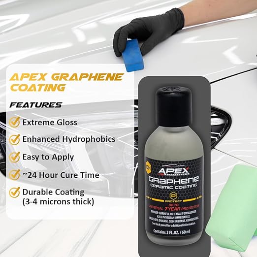 Apex 7 Year Graphene Ceramic Coating 10H with 2 Applicators 60mL - Durable Paint Protection Up to 7 Years - Applies Easily - Hydrophobic Graphene Ceramic for Ultra Gloss - Great on Paint/Glass/Wheels
