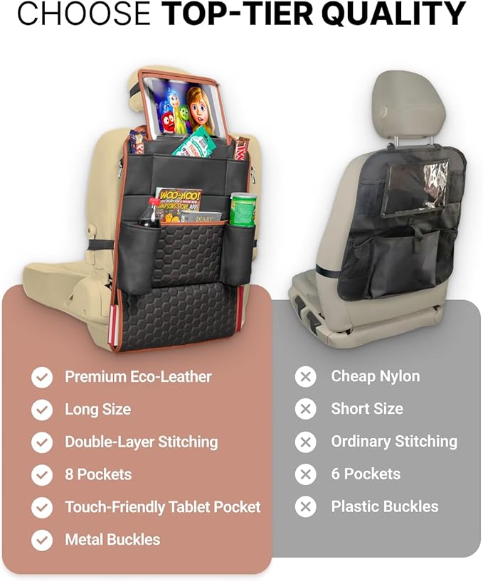 Owleys Back of Seat Organizer for Kids | Car Storage Caddy – 8 Pockets + Transparent Tablet Holder | Waterproof Eco-Leather | 27.5' x 18.5' | Brown+Black