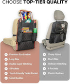 Owleys Back of Seat Organizer for Kids | Car Storage Caddy – 8 Pockets + Transparent Tablet Holder | Waterproof Eco-Leather | 27.5' x 18.5' | Brown+Black