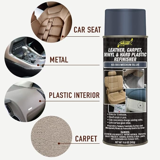 SM Arnold Refinishing Spray Paint - MEDIUM BLUE 11 Oz. - For Leather, Carpet, Vinyl, Metal, Plastic, Polycarbonate, Polypropylene, Acrylic, Lexan, Fiberglass | Pro Grade Aerosol Refinisher