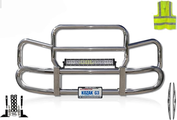 KOZAK Grille Deer Moose Brush Bumper Guard Herd 300 Compatible with Peterbilt 579 2012-2021 Truck Plus Brackets, 22" LED Bar 120W, Logo, 2X Wipers, KOZAK Reflective Vest