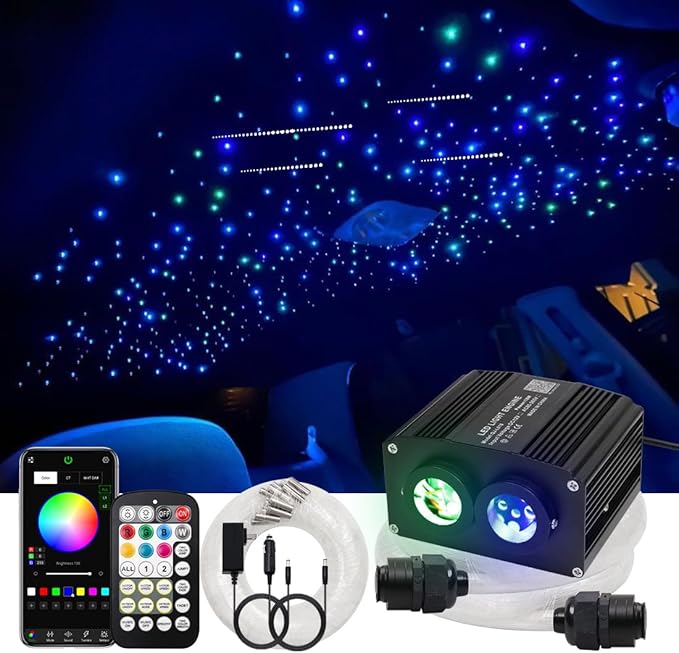 AZIMOM Dual Color 1000pcs 0.03in 13.1ft Twinkle Fiber Optic Starlight Headliner+ Pure White Meteor 240pcs Shooting Star, Sound Mode APP& Remote Control 2 in 1Starlight Meteor Kits Car Home Ceiling
