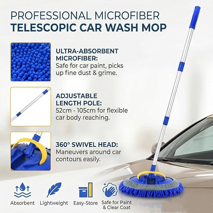 TORVA 41" Car Cleaning Brush with Telescopic Handle Aluminum Alloy Long Rod, Chenille Microfiber Car Wash Mop for Washing Caravan Van Truck Boat RV Roof, Soft Head Duster Clean Product