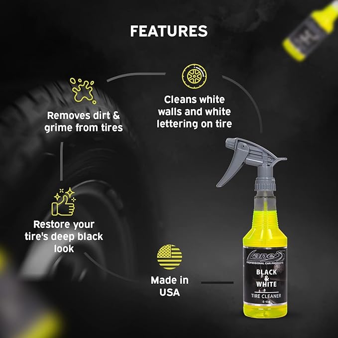 LANE'S Black and White Tire Cleaner- Tire Cleaner, Cleaning Tire Spray, Strong Tire Cleaner - Formulated Cleaning Strength, Restores Rubber to Black, Fast Acting Tire Cleaner- 32 OZ