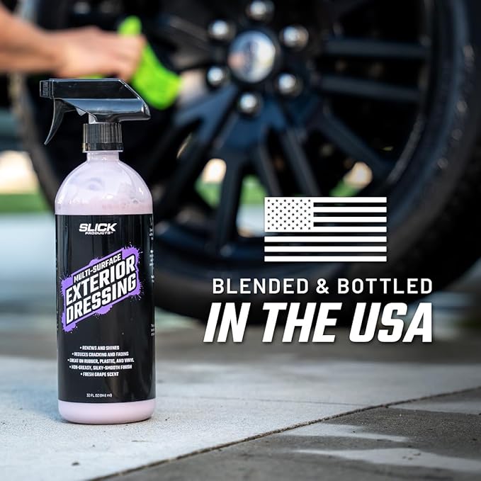 Slick Products Multi-Surface Exterior Dressing – Restores, Protects & Shines Vinyl, Rubber & Plastic – Non-Greasy Silky Finish with Fresh Grape Scent – 32 oz.