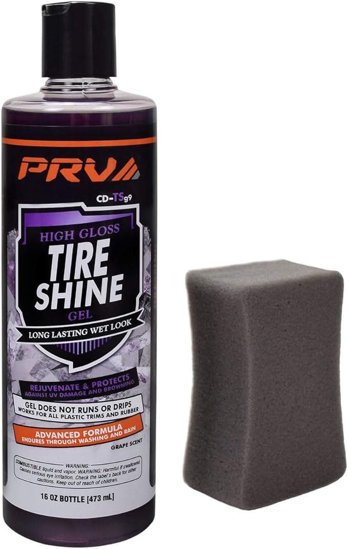 PRV AUDIO Wet Look Gel Tire Shine Dressing | High Gloss Tire, Trim, Plastic & Rubber – Restores Deep Black Shine and Protection | No Sling & Dries Quickly 16 fl oz Kit with Applicator - Grape Scent