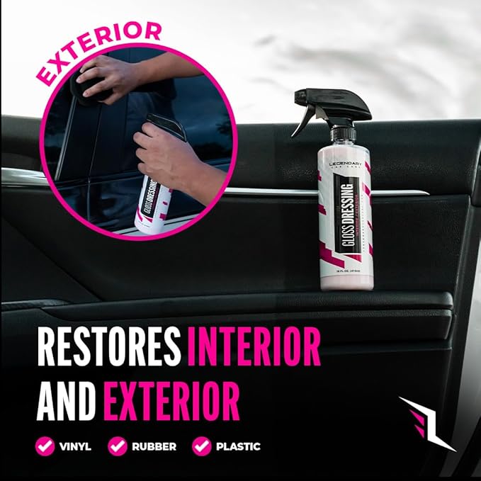 Legendary Gloss Dressing with Applicator 16oz - Tire Shine Spray & Plastic Restorer – Water Based & Non-Greasy Interior/Exterior Detailing Spray - Trim, Rubber, Vinyl & Plastic Restorer for Cars