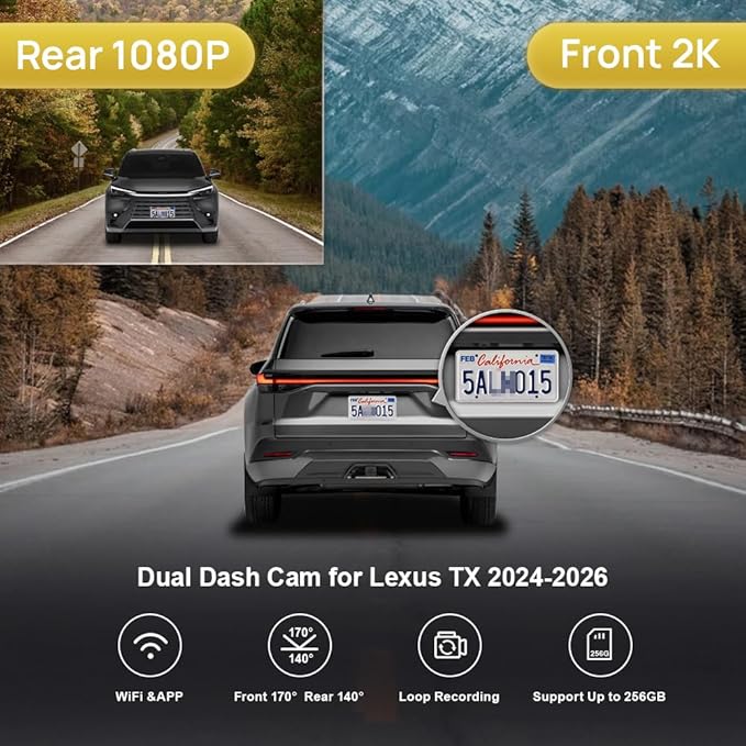 Fitcamx Front 2K+Rear 1080P Dash Cam Adapts for Lexus TX 350 2024-2026 & TX Hybrid 500h, OEM Factory Look, Dual HD Video, WiFi & APP, Loop Recording, Collision Detection, Easy to Set, 64GB Card