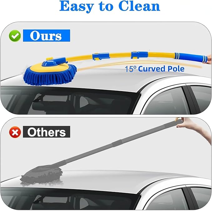 43'' Car Wash Brush with Long Handle Chenille Microfiber Car Wash Kit Mitt Retractable Bent Pole Car Wash Mop for Cars RV Truck Boat (Blue-1)