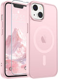 SUPFINE Magnetic for iPhone 14 Case & iPhone 13 Case with Screen Protector (Compatible with MagSafe)(Military Grade Drop Protection) Translucent Matte Shockproof Phone Cover,Light Pink