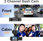 Dash Cam for Cars, 1080P Full HD Dual Dash Cam Front Inside, WiFi, 2" Screen, Night Vision, G-Sensor, Loop Recording, 170° Wide Angle, APP Control (Dual Dashcam)
