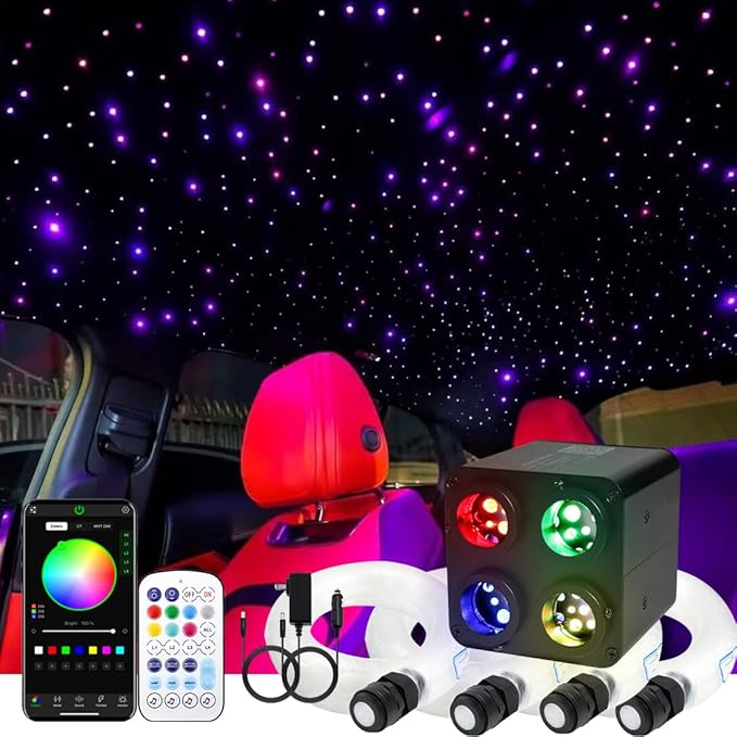 AZIMOM 4Port 36W Twinkle 800pcs 0.03in 9.8ft Fiber Optic Starlight Headliner Kits 4Colors Light Source Sound Activated Remote APP Control Home Indoor Ceiling Car Headliner Decoration