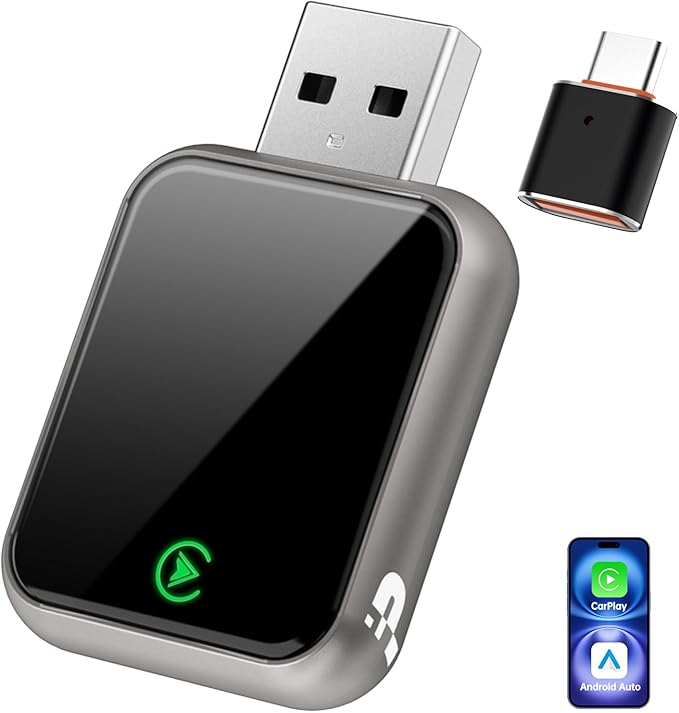Wireless CarPlay Adapter 2026, 2-in-1 Convert Factory Wired CarPlay & Android Auto to Wireless, Plug and Play, Auto Reconnect, Compatible with iPhone & Android Phones, USB/USB-C, Light Grey