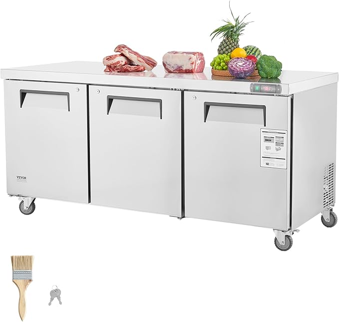 VEVOR 72" Commercial Refrigerator Sandwich & Salad Prep Table, 20 Cu. Ft Stainless Steel Refrigerated Food Prep Station with 3 Doors, Frost Free Refrigerator with Lock for Restaurant, Bar, Store