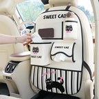 YUNZLAN Leather Backseat Car Organizer, Kick Mats Back Seat Protector with Touch Screen Tablet Holder Back Seat Organizer for Kids with 4 Storage Pockets Travel Accessories (BeigeBlackCat)