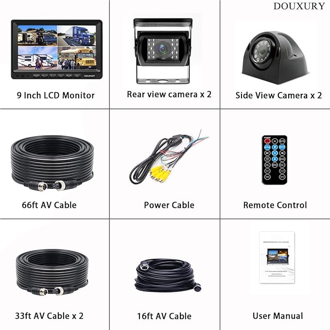 Backup Camera System with 9'' Quad Split 1080P Monitor for RV Trailer Semi Truck Camper Bus & 4 AHD Rear Side View Camera with DVR Record Function Night Vision IP69 Waterproof Avoid Blind Spot DOUXURY