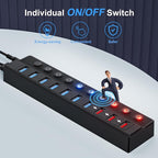 ONFINIO Powered USB Hub, 10-Port USB Splitter Hub (7 Faster Data Transfer Ports+ 3 Smart Charging Port) with Individual LED On/Off Switches and 12V/3A Power Adapter USB Extension for Mac, PC and More