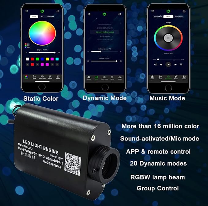 AZIMOM LED Bluetooth 16W RGBW Fiber Optic Light Star Ceiling Lighting Kits Music Mode 550pcs 0.03in 13.1ft Fibers Cables APP Remote Control For Car Home Headliner Light Decoration