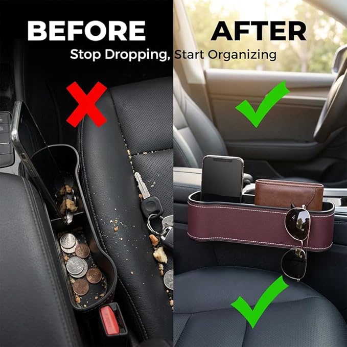 Car Seat Gap Filler Organizer, 2026 New Premium Leather Console Organizer for Holding Phone, Sunglasses, Auto Console Side Storage Box with Cup Holders 2 Seat Hooks for Drink (Beige, 1Set)