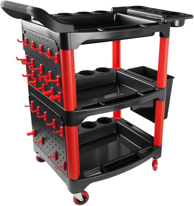 Auto Detailing Cart with Wheels, 3 Tier Rolling Detail Cart with Long Hanging Plate & Hooks & Hanging Bucket & Cat Ear Basket, for Detailers Garage, Workshop, Repair Shop, Storage Tool