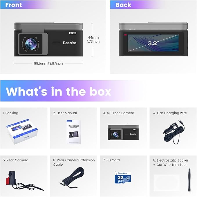 Dasaita 4K Dual Dash Cam with 2160P Front & 1080P Rear Camera, 3.2" IPS HD Display, 170° Wide Angle, WiFi, WDR, G-Sensor, Loop Recording, Car Charger Power Cable, Night Vision-DAS-U3s