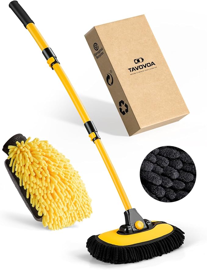 Car Wash Brush Kit, Wash Mop Extendable Extra-Long Handle and Wash Mitt Included, Great Cleaning Power, Scratch-Free Bristles for Car Care
