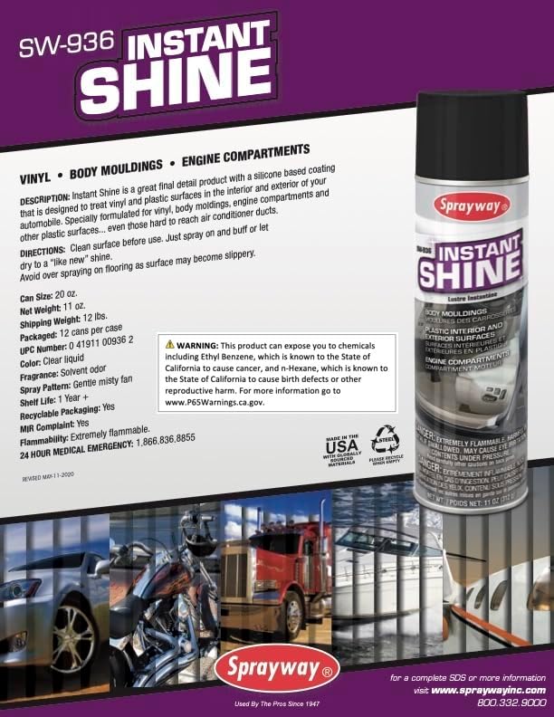 Sprayway SW936-12PK Aerosol Instant Shine Vinyl Cleaner and Protectant, 11 oz, Pack of 12, White