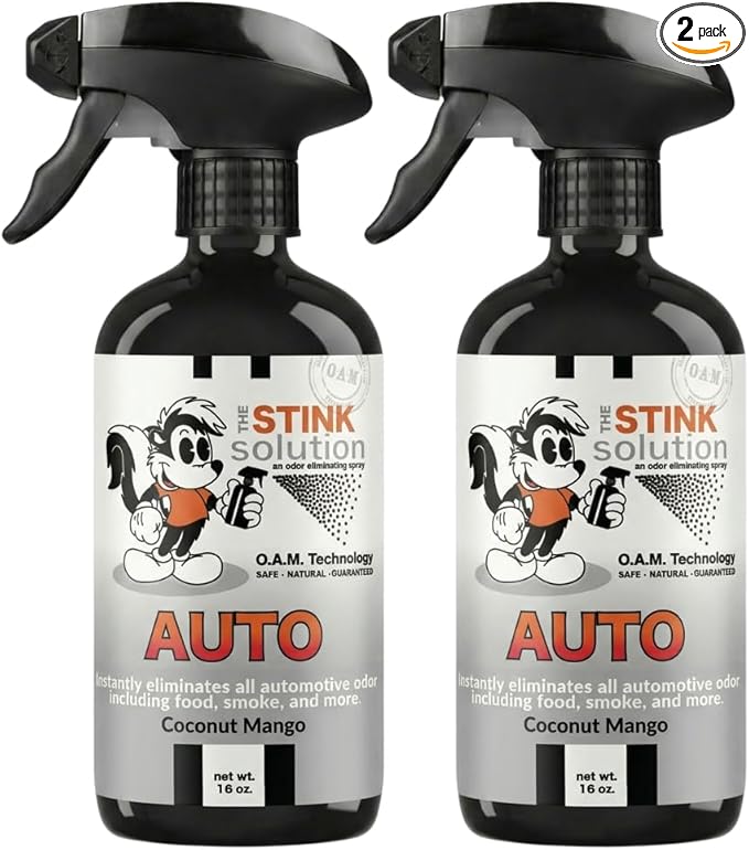 The Stink Solution Car Deodorizer Odor Eliminator For Strong Odor: Quickly Banish Smoke, Pet, Food, Sweat, & Other Foul Fmells! Safe Car Freshener for Seats & More! - 2 16 oz Bottles Coconut Mango