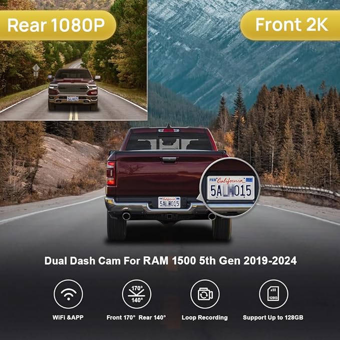 Fitcamx 2K Dual Dash Cam Suitable for RAM 1500 (Model B) 2019 2020 2021 2022 2023 2024 Rebel Big Horn Laramie, OEM Look, Front 1440P Rear 1080P Video, Loop Recording, WiFi&APP, G-Sensor, 64GB Card
