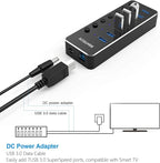 Powered USB Hub RSHTECH Type C to 7 Port USB 3.0 Data Port Hub Expander Aluminum Portable Splitter with Universal 5V AC Adapter and Individual On/Off Switches for Laptop and PC(Black)