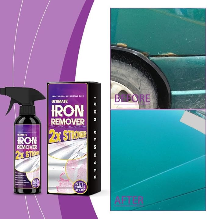 Car Iron Remover, Dissolves Iron Fallout & Brake Dust, Safe for Paint & Wheels, 120ml Spray Bottle for Car Detailing, Wheel Refurbishment, Motorcycle & Boat Cleaning