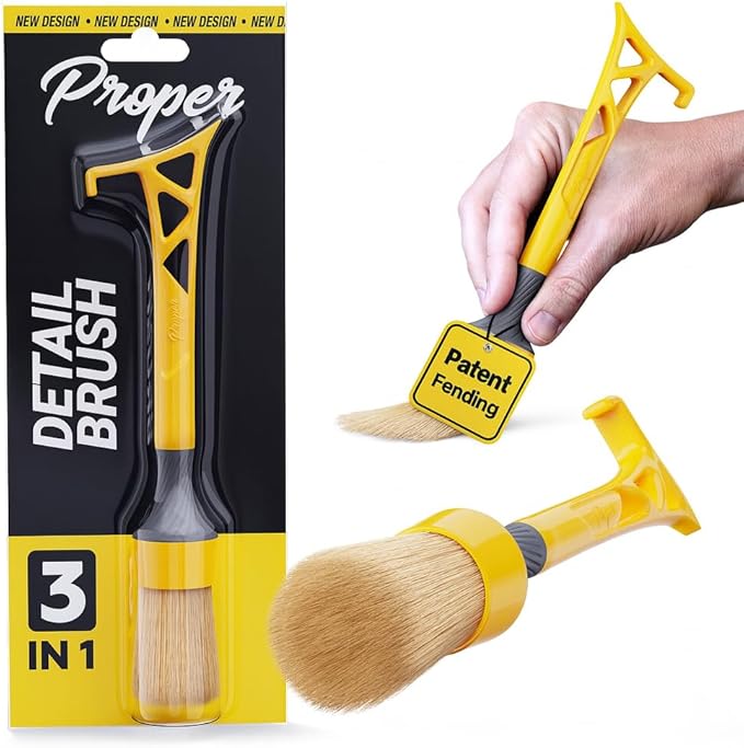 Ultra Soft Boars Hair Detailing Brush, 3 in 1 Patent Pending Design, Detail Automotive Interior or Exterior, get Professional Results with Proper Detail Brushes Car Detailing
