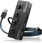 Qeefun 4-Port USB 3.2 Hub with 2 USB-C and 2 USB-A Ports, Individual LED Power Switches,10Gbps Data Transfer USB Splitter with 4ft Extension Cable, Multiple USB Extender for Laptop, PC, iMac etc